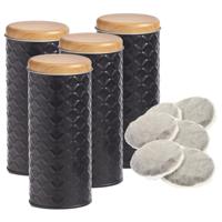 Bewaarblik voor koffiepads - 4x - zwart - metaal - 7,5 x 18 cm - 680 ml - voorraadpot