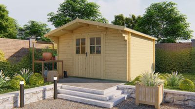 Tuindeco Torrent Blokhut 400x400 cm 34 mm vuren blank- Zadeldak- Onbehandeld vurenhout- Tuindeco