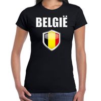 Belgie landen supporter t-shirt met Belgische vlag schild zwart dames - thumbnail