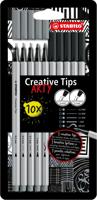 STABILO Creative Tips ARTY fineliner, geassorteerde punten, pak van 10 stuks, grijs/zwart