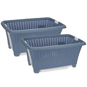 2x stuks kunststof wasmand op poten blauw 38 liter 60 x 40 cm