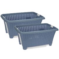 2x stuks kunststof wasmand op poten blauw 38 liter 60 x 40 cm