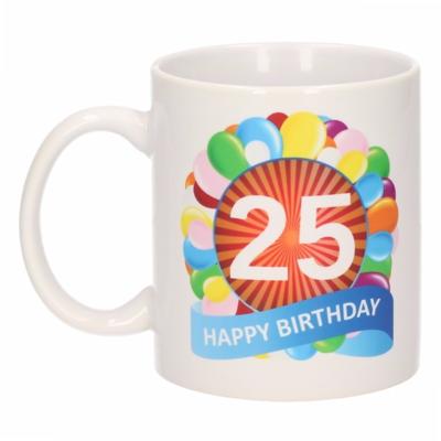 25 jaar Verjaardag koffiemok - cadeau beker - feestelijke ballonnen print - 300 ml - keramiek - wit