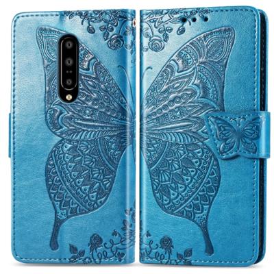 Butterfly Love Flowers Embossing Horizontal Flip Leather Case for OnePlus 7 Pro with Holder & Card Slots & Wallet & Lanyard(Blue)