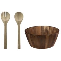 Secret de Gourmet Slakom/Serveerschaal met bamboe slacouvert - Acacia hout - D28 cm - Saladeschalen - thumbnail