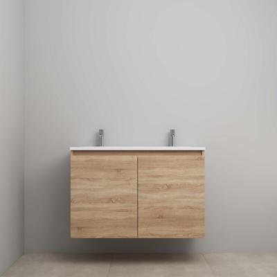 On-Line Onderkast - 100 cm - Voorgemonteerd - Greeploos 2 Deuren - Acryl Wastafel - 2 Kraangaten - Eiken