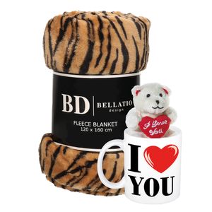 Valentijn cadeau set - Fleece plaid/deken tijger print met I love you mok en beertje