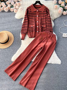 Loose Striped Casual Regular Sleeve Two-Piece Set