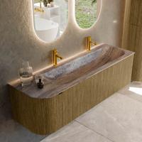 Badmeubel Mondiaz Kurve-Dlux | 145 cm | Meubelkleur Dusk | Wastafelkleur Oza | Solid surface | Wasbak rechter zijde spoelbak | 2 kraangaten