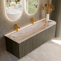 Badmeubel Mondiaz Kurve-Dlux | 145 cm | Meubelkleur Shadow | Wastafelkleur Nata | Solid surface | Wasbak linker zijde spoelbak | 2 kraangaten