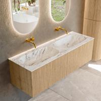 Badmeubel Mondiaz Kurve-Dlux | 140 cm | Meubelkleur Oak | Wastafelkleur Glace | Solid surface | Dubbele spoelbak | Zonder kraangat(en) Badmeubel Mondiaz Kurve-Dlux | 140 cm | Meubelkleur Oak | Wastafelkleur Glace | Solid surface | Dubbele spoelbak | Zonder kraangat(en)