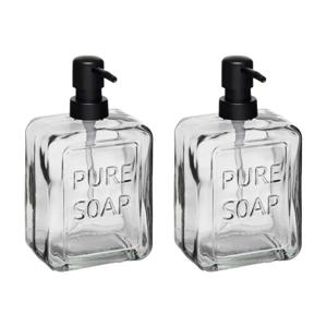 Luxe zeeppompje/dispenser PURE - 2x - misty transparant - glas - 18 x 10 cm - 570 ml