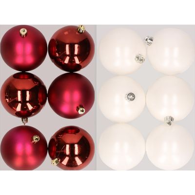 12x stuks kunststof kerstballen mix van donkerrood en winter wit 8 cm