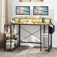 L-vormig Bureau met Stopcontacten & LED-verlichting Gaming Computertafel Rustiek Bruin