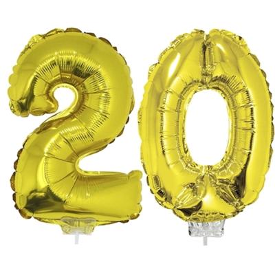 20 jaar leeftijd versiering cijfers - verjaardag - ballonnen op stokje - van 41 cm - goud