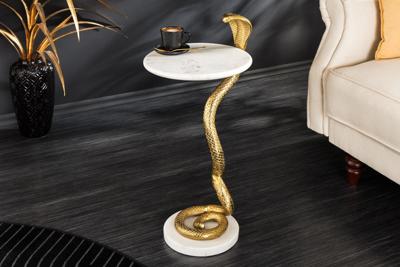 Ronde bijzettafel WILDLIFE COBRA 65cm goud wit marmer slang sculptuur handgemaakt - 44830