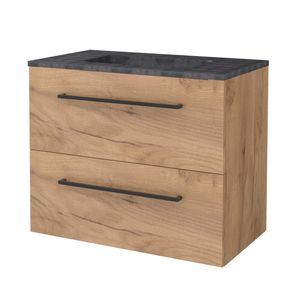 Badmeubelset BWS Salt 80x46cm Met Grepen 2 Lades Met Wastafel Hardsteen Whisky Oak