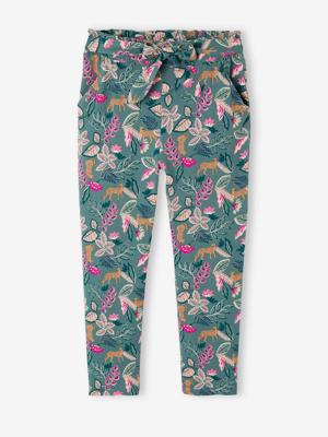 Driekwartmeisjesbroek voor meisjes met bloemenprint smaragdgroen