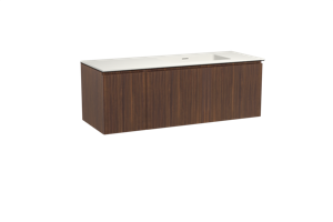 Storke Ribs zwevend badmeubel 140 x 52 cm notenhout met Mata asymmetrisch rechtse wastafel in solid surface mat wit, Verticale symmetrische rechte ribbel