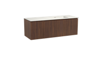 Storke Ribs zwevend badmeubel 140 x 52 cm notenhout met Mata asymmetrisch rechtse wastafel in solid surface mat wit, Verticale symmetrische rechte ribbel