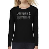Glitter kerst longsleeve shirt zwart Merry Christmas glitter steentjes voor dames - Lange mouwen - thumbnail