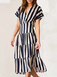 Striped Shirt Collar Split Joint Casual Dress With No