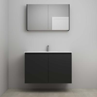 On-Line Badkamermeubelset - 100 cm - Voorgemonteerd - Greeploos 2 Deuren - Porseleinen Wastafel - 1 Kraangat - Spiegelkast - Mat Zwart