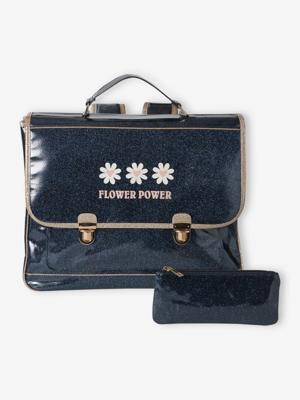 Schooltas + Flower power" glitter etui nachtblauw