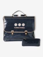 Schooltas + Flower power" glitter etui nachtblauw
