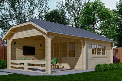 Interflex W Blokhut 440x440 cm met overkapping 300 cm 50 mm vuren groen geïmpregneerd
