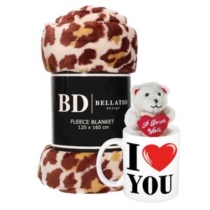 Valentijn cadeau set - Fleece plaid/deken panter print met I love you mok en beertje