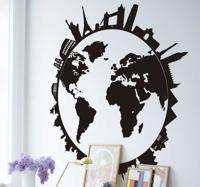 Wanddecoratie stickers wereldbol met gebouwen - thumbnail