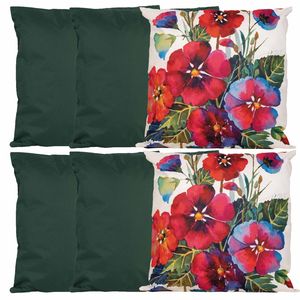 Bank/tuin kussens set - voor binnen/buiten - 6x stuks - groen/flowers print - 45 x 45 cm - Sierkussens