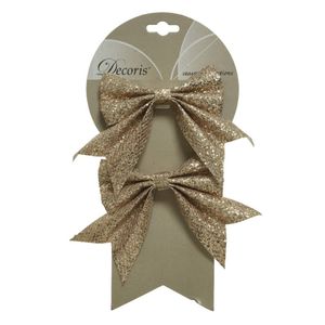 2x stuks decoratie strikjes/strikken champagne glitter op clip 18,5 x 14 cm - Kersthangers