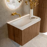 Mondiaz KURVE 75 cm Onderkast Greeploos 1 Lade Met Deuren Walnut, Wastafel Solid Surface Links Talc 0 Kraangaten Zonder Spiegel (KRVGRU75R1L1D0KL-Wal/Tal)