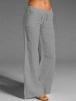 Casual mid-rise solid color linen straight-leg Pants - thumbnail