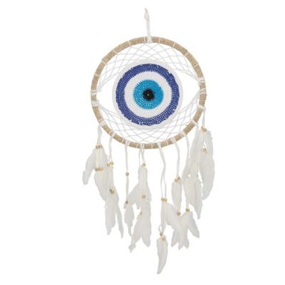 Dromenvanger/dreamcatcher - mobiel - wit/blauw - veertjes/kraaltjes - 28 cm