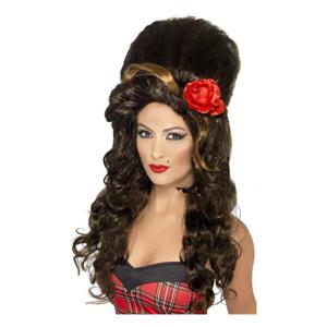 Suikerspin Amy Winehouse look pruik - met roos - bruin - verkleed accessoires voor dames