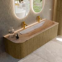 Badmeubel Mondiaz Kurve-Dlux | 145 cm | Meubelkleur Dusk | Wastafelkleur Arena | Solid surface | Wasbak rechter zijde spoelbak | 2 kraangaten