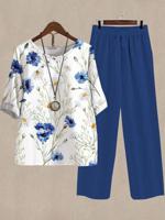 Floral Loose Crew Neck Casual Two-Piece Set - thumbnail