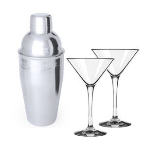 4x Cocktailglazen / martiniglazen 250 ml + cocktailshaker semi-matte 550 ml RVS