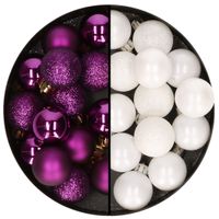 Kleine kerstballen - 28x st - wit en paars - 3 cm - kunststof - thumbnail