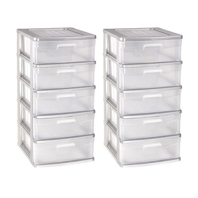 2x stuks ladeblok/bureau organizer met 5x lades grijs/transparant L40 x B39 x H81 cm