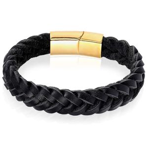 Heren armband LGT Jewels Gevlochten Leer Edelstaal Zwart Goudkleurig