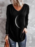 Moon Printed V Neck Casual Long Sleeve Shift Top - thumbnail