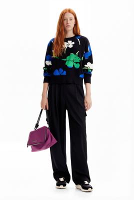 Oversized trui met bloemen - BLACK - XS