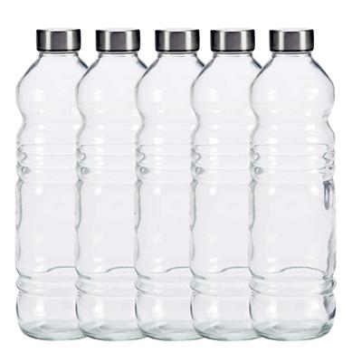 Glazen waterfles/drinkfles/sportfles - 5x - helder transparant - met RVS dop - 1100 ml