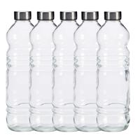 Glazen waterfles/drinkfles/sportfles - 5x - helder transparant - met RVS dop - 1100 ml