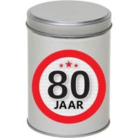 Cadeau Snoepblik - 80 jaar verjaardag - 9 x 13 cm - Cadeauverpakking- metaal - met leeftijd sticker