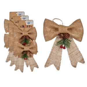 6x stuks kerstboomversiering kleine ornament strikjes/strikken jute beige glitters 15 x 16 cm